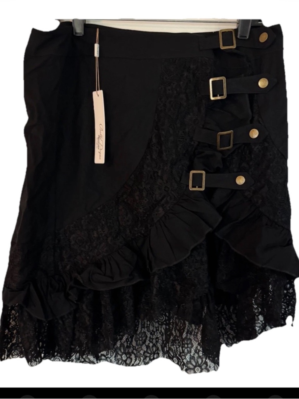 Belle Pogue Black Boho western  Skirt Lace Ruffles Snaps Buckles Women's XL NEW